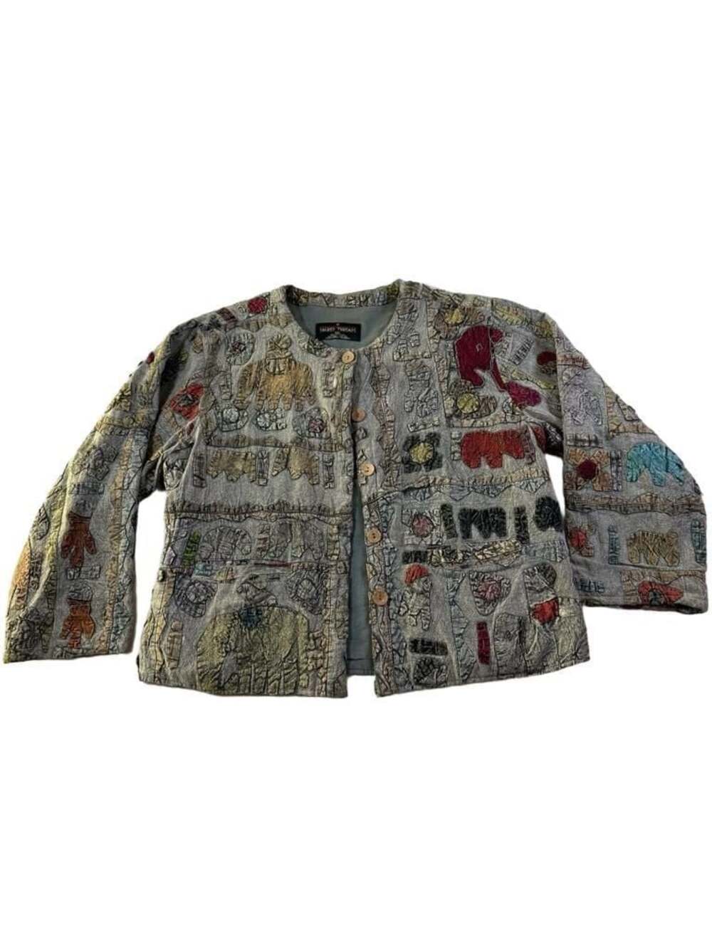 Sacred Threads Gray Elephant Patchwork Art-to-Wear Button-Up Jacket 100 cotton